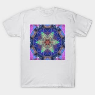 Mosaic Kaleidoscope Flower Teal Blue and Pink T-Shirt